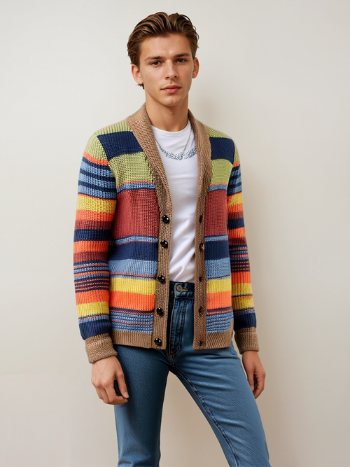 Men's Colorblock Lapel Sweater Jacket