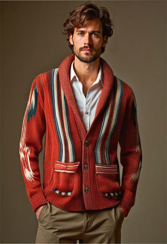 Men's Vintage Jacquard Lapel Long Sleeve Knit Cardigan