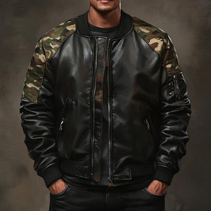 Men's Classic Retro Casual Stitching Camouflage Zipper Leather Jacket