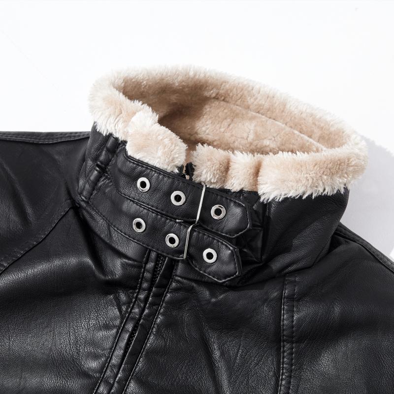 Men's Vintage Thick Warm Fur Lapel Zipper Slim Fit Leather Jacket