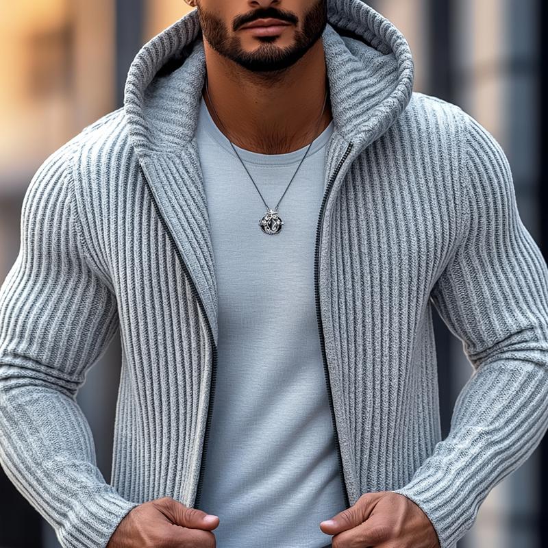 Men's Fashion Hooded Solid Striped Long Sleeve Mid-length Knit Cardigan