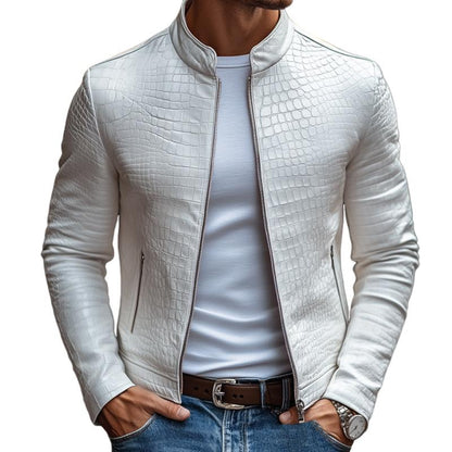 Men's Fashion Stone Pattern Stand Collar Zipper Slim Fit Leather Jacket(OUT OF STOCK)