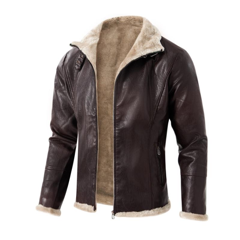 Men's Vintage Thick Warm Fur Lapel Zipper Slim Fit Leather Jacket