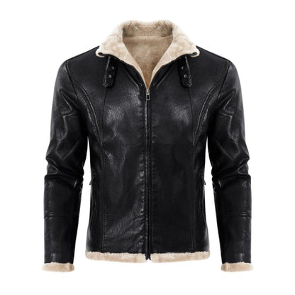 Men's Vintage Thick Warm Fur Lapel Zipper Slim Fit Leather Jacket