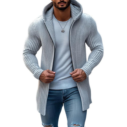 Men's Fashion Hooded Solid Striped Long Sleeve Mid-length Knit Cardigan