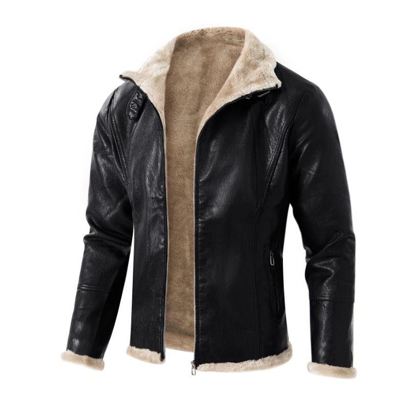 Men's Vintage Thick Warm Fur Lapel Zipper Slim Fit Leather Jacket